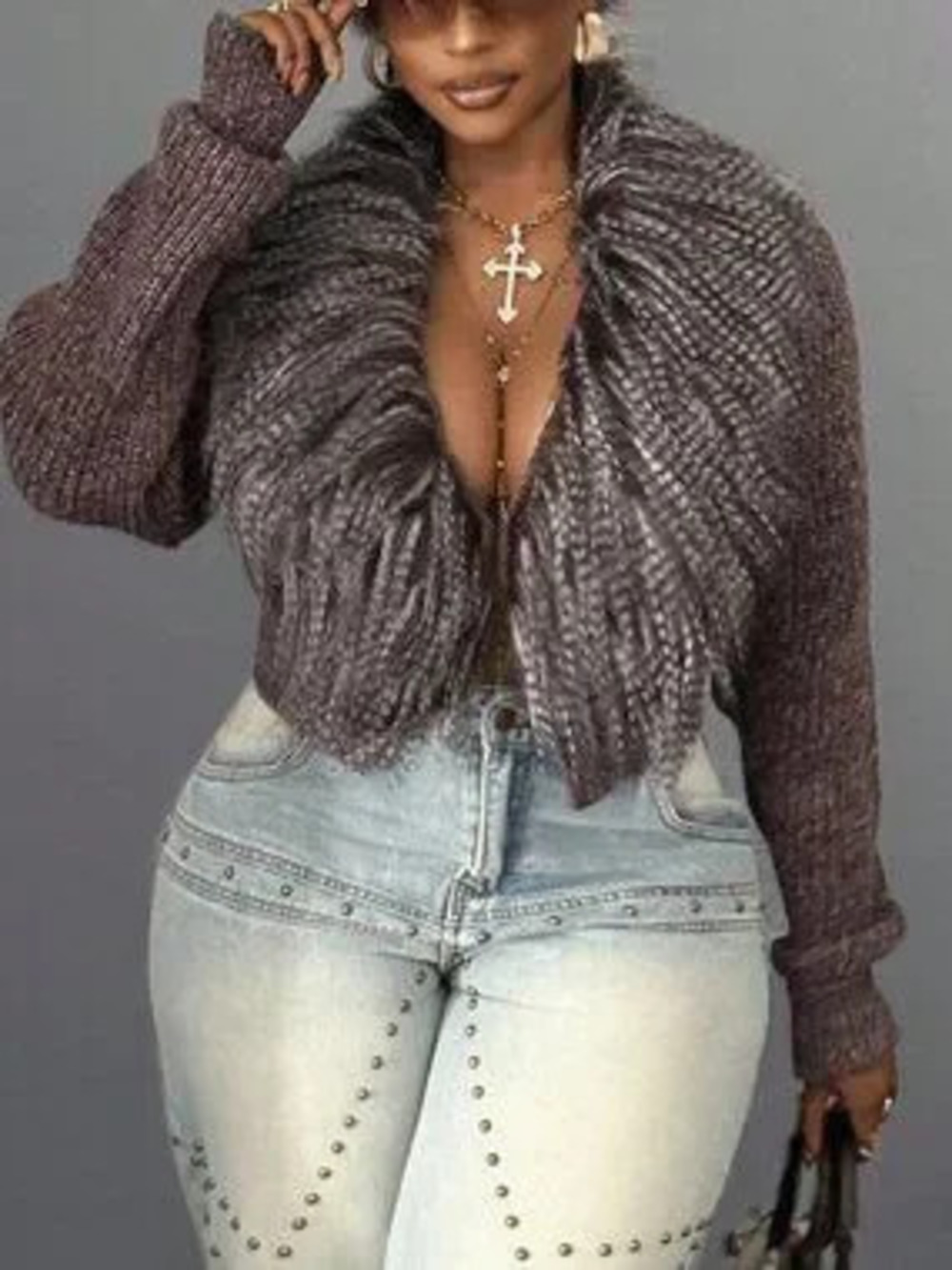 Casual Plus size Women's Crop Faux fur trimmed knit cardigan